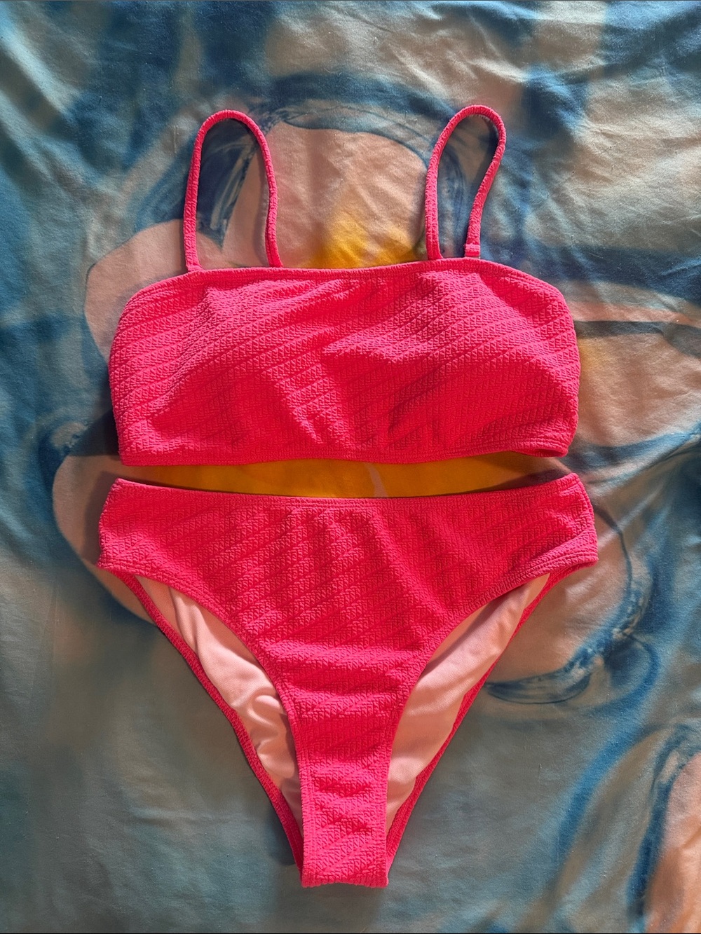 Hot Pink Textured Two-Piece Swim Set with Removable Straps